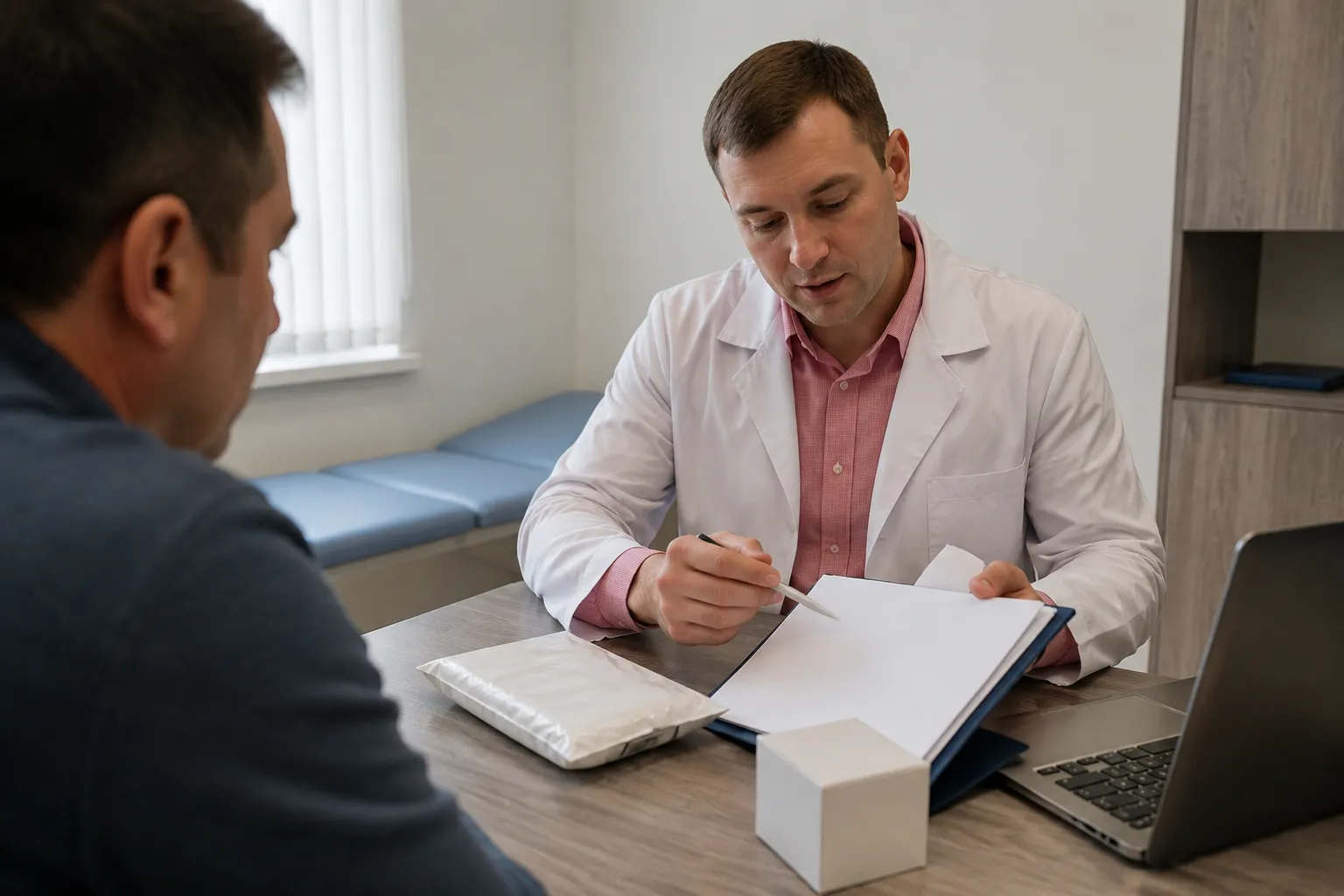 Врач консультирует пациента по кодированию иглоукалыванием